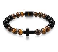LIUYUYOUGO Cross Bracelet Beaded Men Natural Tiger Eye Obsidian Stone Bracelets Initial A-Z Letter Crystal Stretch Beads Bangle Meditation Prayer Yoga Gemstones Jewelry Gift Letter H