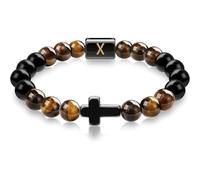 LIUYUYOUGO Cross Bracelet Beaded Men Natural Tiger Eye Obsidian Stone Bracelets Initial A-Z Letter Crystal Stretch Beads Bangle Meditation Prayer Yoga Gemstones Jewelry Gift Letter X