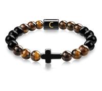 LIUYUYOUGO Cross Bracelet Beaded Men Natural Tiger Eye Obsidian Stone Bracelets Initial A-Z Letter Crystal Stretch Beads Bangle Meditation Prayer Yoga Gemstones Jewelry Gift Letter C
