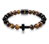 LIUYUYOUGO Cross Bracelet Beaded Men Natural Tiger Eye Obsidian Stone Bracelets Initial A-Z Letter Crystal Stretch Beads Bangle Meditation Prayer Yoga Gemstones Jewelry Gift Letter J