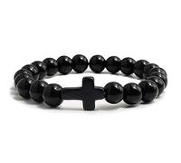 LIUYUYOUGO Crystal Cross Bracelet For Women Men 8Mm Natural Stone Turquoise Cross Charm Stretch Beaded Bracelets Rosary Meditation Prayer Yoga Gemstone Jewelry Gift Bright Black