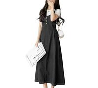 LIUYUYOUGO Denim Pinafore Dress for Women Elegant Straps Back Smocked A-Line Long Skirt Blue Splicing A-Line Overall Denim Dresses Summer Midi Jeans Skirts Suspender Frock Gray L