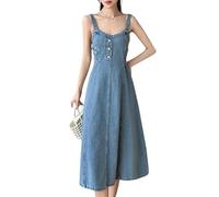 LIUYUYOUGO Denim Pinafore Dress for Women Elegant Straps Back Smocked A-Line Long Skirt Blue Splicing A-Line Overall Denim Dresses Summer Midi Jeans Skirts Suspender Frock Light Blue L