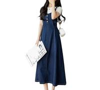 LIUYUYOUGO Denim Pinafore Dress for Women Elegant Straps Back Smocked A-Line Long Skirt Blue Splicing A-Line Overall Denim Dresses Summer Midi Jeans Skirts Suspender Frock Dark Blue M