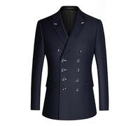 LIUYUYOUGO Double Breasted Blazer for Men Classic Peak Lapel Sports Coats Solid Fashion Tailored Fit Coat Business Office Wedding Tuxedo Jackets Homecoming Suit Outerwear Navy Blue XXL