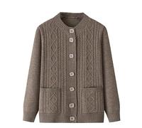 LIUYUYOUGO Elderly Knitted Cardigan Sweaters Round Neck Aran Cable Chunky Knit Cardigans Open Front Grandma Wear Sweater Coat Old Lady Casual Top Autumn Jumper Knitwear Top Coffee M