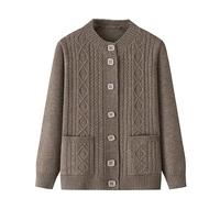 LIUYUYOUGO Elderly Knitted Cardigan Sweaters Round Neck Aran Cable Chunky Knit Cardigans Open Front Grandma Wear Sweater Coat Old Lady Casual Top Autumn Jumper Knitwear Top