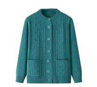 LIUYUYOUGO Elderly Knitted Cardigan Sweaters Round Neck Aran Cable Chunky Knit Cardigans Open Front Grandma Wear Sweater Coat Old Lady Casual Top Autumn Jumper Knitwear Top Lake Blue L