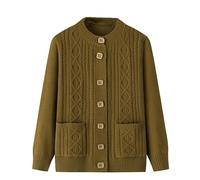 LIUYUYOUGO Elderly Knitted Cardigan Sweaters Round Neck Aran Cable Chunky Knit Cardigans Open Front Grandma Wear Sweater Coat Old Lady Casual Top Autumn Jumper Knitwear Top Olive Green M