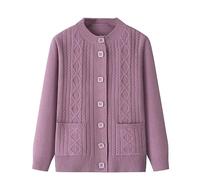 LIUYUYOUGO Elderly Knitted Cardigan Sweaters Round Neck Aran Cable Chunky Knit Cardigans Open Front Grandma Wear Sweater Coat Old Lady Casual Top Autumn Jumper Knitwear Top Purple M