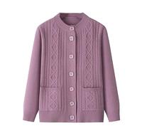 LIUYUYOUGO Elderly Knitted Cardigan Sweaters Round Neck Aran Cable Chunky Knit Cardigans Open Front Grandma Wear Sweater Coat Old Lady Casual Top Autumn Jumper Knitwear Top Purple M