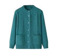LIUYUYOUGO Elderly Knitted Cardigan Sweaters Round Neck Aran Cable Chunky Knit Cardigans Open Front Grandma Wear Sweater Coat Old Lady Casual Top Autumn Jumper Knitwear Top Lake Blue M