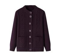 LIUYUYOUGO Elderly Knitted Cardigan Sweaters Round Neck Aran Cable Chunky Knit Cardigans Open Front Grandma Wear Sweater Coat Old Lady Casual Top Autumn Jumper Knitwear Top Fuchsia M