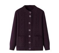 LIUYUYOUGO Elderly Knitted Cardigan Sweaters Round Neck Aran Cable Chunky Knit Cardigans Open Front Grandma Wear Sweater Coat Old Lady Casual Top Autumn Jumper Knitwear Top Fuchsia S