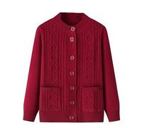 LIUYUYOUGO Elderly Knitted Cardigan Sweaters Round Neck Aran Cable Chunky Knit Cardigans Open Front Grandma Wear Sweater Coat Old Lady Casual Top Autumn Jumper Knitwear Top Burgundy Red Xs