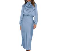 LIUYUYOUGO Evening Dress Long Sleeves for Women's Satin Dress Solid Elastic Waist Midi Dress Elegant Mock Neck Ruffle Party Dress Cocktail Wedding Guest Autumn Winter Dresses Light Blue XL