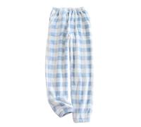 LIUYUYOUGO Fluffy Pj Bottoms Women Checked Flannel Lounge Pants Classic Plaid Halloween Pyjamas Winter Warm Coral Fleece Sleep Pants Nightwear Loose Trousers With Pockets Light Blue M