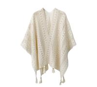LIUYUYOUGO Fringe Poncho Women Oversized Shawl Elegant Eyelet Jacquard Knitted Cape Wraps Bohemia Tassel Cloak Top Open Front Cardigan Ladies Scarf Coat For Spring Summer Beige