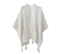 LIUYUYOUGO Fringe Poncho Women Oversized Shawl Elegant Eyelet Jacquard Knitted Cape Wraps Bohemia Tassel Cloak Top Open Front Cardigan Ladies Scarf Coat For Spring Summer White