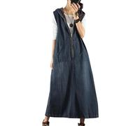 LIUYUYOUGO Hooded Sleeveless Denim Dresses for Women Midi Zip Tank Dress Blue Distressed Wash Faded Jean Dress Casual Loose Denim Pinafore Dress Long Hood Denim Vest XL