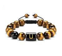 LIUYUYOUGO Initial Beaded Bracelets For Women Men A-Z Letter Couple Beads Bracelet 10Mm Natural Stone Tiger Eye Obsidian Crystal Handmade Braided Bangle Fashion Jewelry Gift Letter U