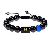 LIUYUYOUGO Initial Beaded Bracelets For Women Men A-Z Letter Couple Beads Bracelet Natural Stone Blue Tiger Eye Obsidian Crystal Handmade Braided Bangle Fashion Jewelry Gift Aletter H