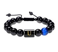 LIUYUYOUGO Initial Beaded Bracelets For Women Men A-Z Letter Couple Beads Bracelet Natural Stone Blue Tiger Eye Obsidian Crystal Handmade Braided Bangle Fashion Jewelry Gift Aletter U