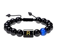 LIUYUYOUGO Initial Beaded Bracelets For Women Men A-Z Letter Couple Beads Bracelet Natural Stone Blue Tiger Eye Obsidian Crystal Handmade Braided Bangle Fashion Jewelry Gift Aletter R