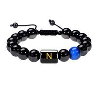 LIUYUYOUGO Initial Beaded Bracelets For Women Men A-Z Letter Couple Beads Bracelet Natural Stone Blue Tiger Eye Obsidian Crystal Handmade Braided Bangle Fashion Jewelry Gift Aletter N