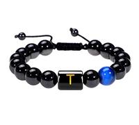 LIUYUYOUGO Initial Beaded Bracelets For Women Men A-Z Letter Couple Beads Bracelet Natural Stone Blue Tiger Eye Obsidian Crystal Handmade Braided Bangle Fashion Jewelry Gift Aletter T