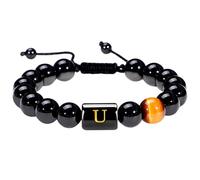 LIUYUYOUGO Initial Beaded Bracelets For Women Men A-Z Letter Couple Beads Bracelet Natural Stone Tiger Eye Black Obsidian Crystal Handmade Braided Bangle Fashion Jewelry Gift Aletter U