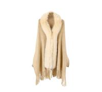 LIUYUYOUGO Knitted Poncho With Sleeves Women Knit Cape Cardigan Faux Fur Collar Shawl Coat Elegant Open Front Fringed Wrap Autumn Winter Soft Warm Knit Sweater Cloak Stole Beige