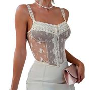 LIUYUYOUGO Lace Corset Tops For Women Going Out Fashion Color Blocking Floral Lace Bustier Crop Tops Sexy Spaghetti Strappy Cami Vest Sheer Mesh Lingerie Vest Party Clubwear White S