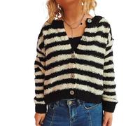 LIUYUYOUGO Ladies Chunky Cardigans with Buttons Knit Sweater Fashion Terry Stripe Knit Cardigan Open Front Long Sleeve Sweater Coat Autumn Loose Knitted Jacket Jumper Black Xs