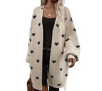 LIUYUYOUGO Ladies Long Chunky Cardigans Oversized Apricot Love Heart Jacquard Knitted Cardigan Open Front Lantern Sleeve Sweater Coats Plus Size Fall Vintage Jumper Outerwear S