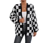 LIUYUYOUGO Ladies Oversized Knitted Cardigan Open Front Contrast Checkerboard Knit Sweater Coat Casual Loose Long Sleeve Cardigans Jumper Preppy Style Knitwear Jacket Tops Black M