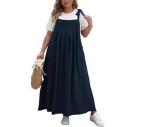 LIUYUYOUGO Ladies Plus Size Pinafore Dresses Adjustable Lace-Up Sleeveless Tank Dress Summer Loose Bib Overall Skirts A-Line Swing Pleated Maxi Frock Kaftan Suspender Navy Blue XXL