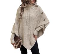 LIUYUYOUGO Ladies Poncho High Collar Shawls With Buttons Solid Vintage Cable Knitted Cape Wraps Pullover Batwing Sleeve Knit Sweater Jumper Top Fall Winter Warm Knitwear Coat Khaki M