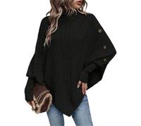 LIUYUYOUGO Ladies Poncho High Collar Shawls With Buttons Solid Vintage Cable Knitted Cape Wraps Pullover Batwing Sleeve Knit Sweater Jumper Top Fall Winter Warm Knitwear Coat Black L