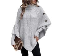LIUYUYOUGO Ladies Poncho High Collar Shawls With Buttons Solid Vintage Cable Knitted Cape Wraps Pullover Batwing Sleeve Knit Sweater Jumper Top Fall Winter Warm Knitwear Coat Gray L