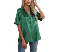 LIUYUYOUGO Ladies Summer Shirts Short Sleeve Satin Blouses Elegant Notched Lapel Button Down Tunic Tops Lightweight Solid Smooth Silk T-Shirt Formal Business Work Tee Top Dark Green M
