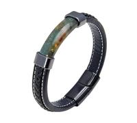 LIUYUYOUGO Mens 23Cm Leather Bracelets Extra Large Fashion Rectangle Natural Stone Protection Crystals Bracelets Energy Gemstone Charm Bangle Jewelry Gift For Boyfriend Husband Moss Agate