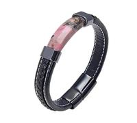LIUYUYOUGO Mens 23Cm Leather Bracelets Extra Large Fashion Rectangle Natural Stone Protection Crystals Bracelets Energy Gemstone Charm Bangle Jewelry Gift For Boyfriend Husband Rhodonite