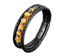 LIUYUYOUGO Mens Bead Leather Bracelet 8Mm Tiger Eye Lava Stone Crystal Bracelets Multi-Layer Black Braided Wristband Protection Jewellery Gifts For Boyfriend Husband Birthday Yellow Tiger Eye