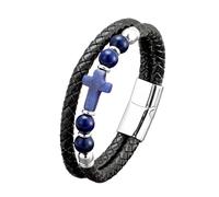 LIUYUYOUGO Mens Braided Leather Cross Bracelet Natural Stone Beads Charm Christian Bracelets Vintage Two-Strand Weave Rope Cuff Wristband Pray Gemstone Jewellery Gifts Lapis Lazuli