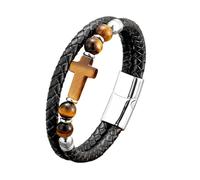 LIUYUYOUGO Mens Braided Leather Cross Bracelet Natural Stone Beads Charm Christian Bracelets Vintage Two-Strand Weave Rope Cuff Wristband Pray Gemstone Jewellery Gifts Tiger Eye