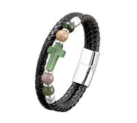 LIUYUYOUGO Mens Braided Leather Cross Bracelet Natural Stone Beads Charm Christian Bracelets Vintage Two-Strand Weave Rope Cuff Wristband Pray Gemstone Jewellery Gifts Green Moss Agate