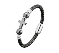 LIUYUYOUGO Mens Braided Leather Cross Bracelet With Clasp Natural Stone Beads Faith Bracelet Handmade Religious Cross Bangle Wristband Trendy Jewelry Gifts For Husband Dad Son Hematite