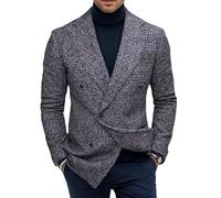 LIUYUYOUGO Mens Checked Blazers Regular Fit Gentlemen Tweed Jackets Vintage Double Breasted Suit Jackets Casual Plaid Sports Coats Business Wedding Dress Tuxedo Blazers Grey XXL