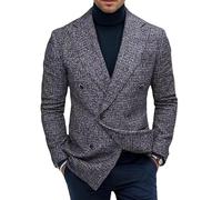 LIUYUYOUGO Mens Checked Blazers Regular Fit Gentlemen Tweed Jackets Vintage Double Breasted Suit Jackets Casual Plaid Sports Coats Business Wedding Dress Tuxedo Blazers Grey L